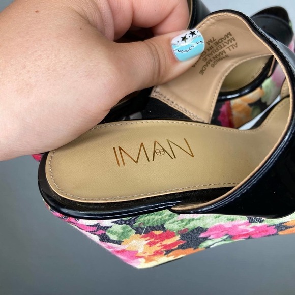 IMAN | Floral Black Wedges‎ 7 Womans Strappy - Picture 6 of 7